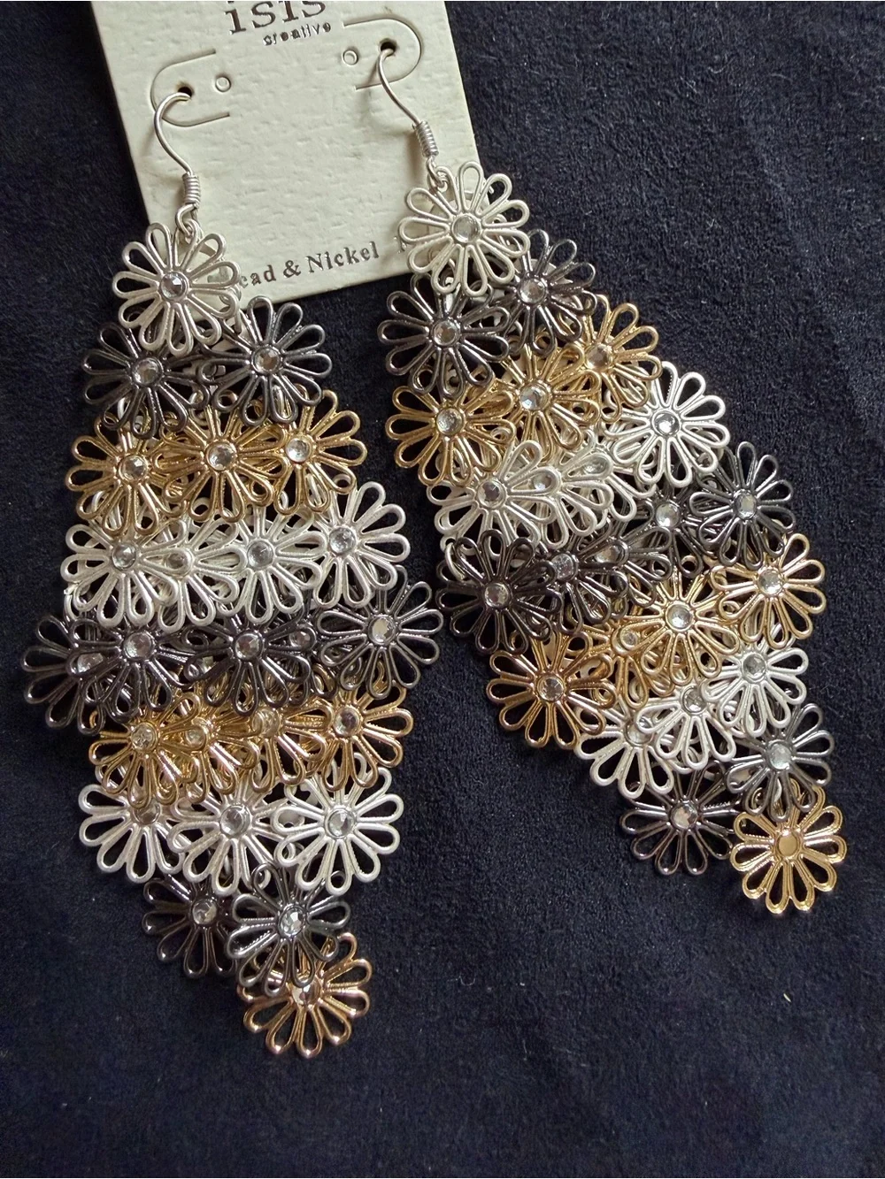 Layered Sunflower Dangle Earrings 4” Gold Silver Mixed Metal Floral Statement